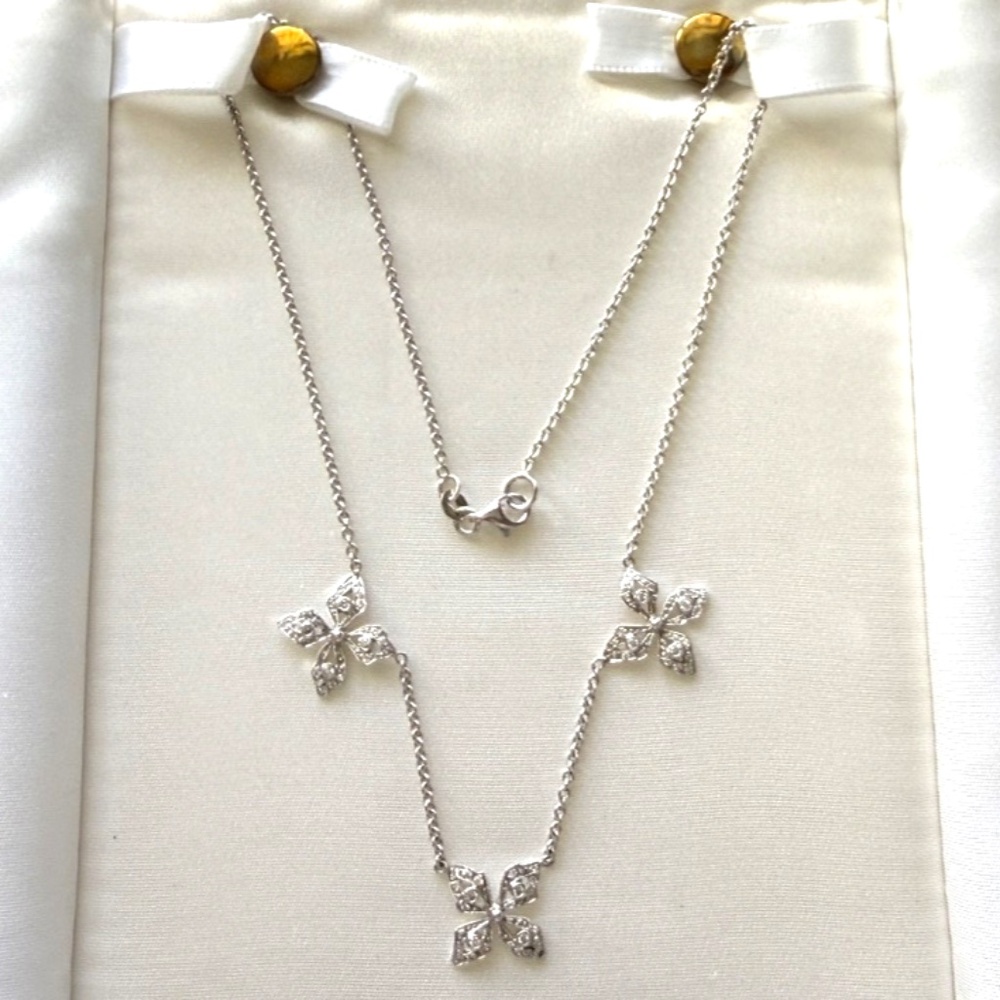 Designer CATHY WATERMAN Platinum Diamond 3 Flower Station Pendant Chain Necklace